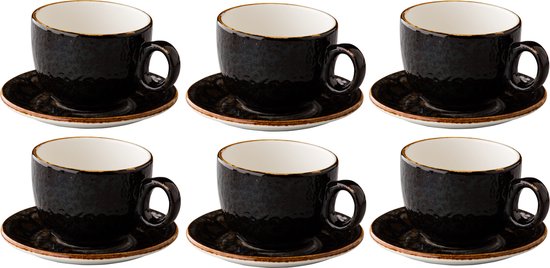 Q Authentic Jersey Koffiekop en Schotel Bruin - Set van 6 stuks - Sterk Porselein