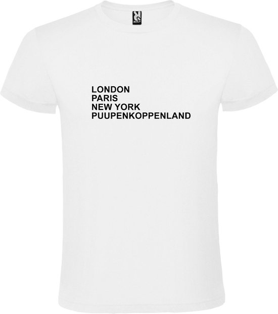 Zwart T-Shirt met London,Paris, New York, Puupenkoppenland tekst Wit