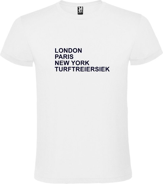 wit T-Shirt met London,Paris, New York , Turftreiersriek tekst Zwart Size XL