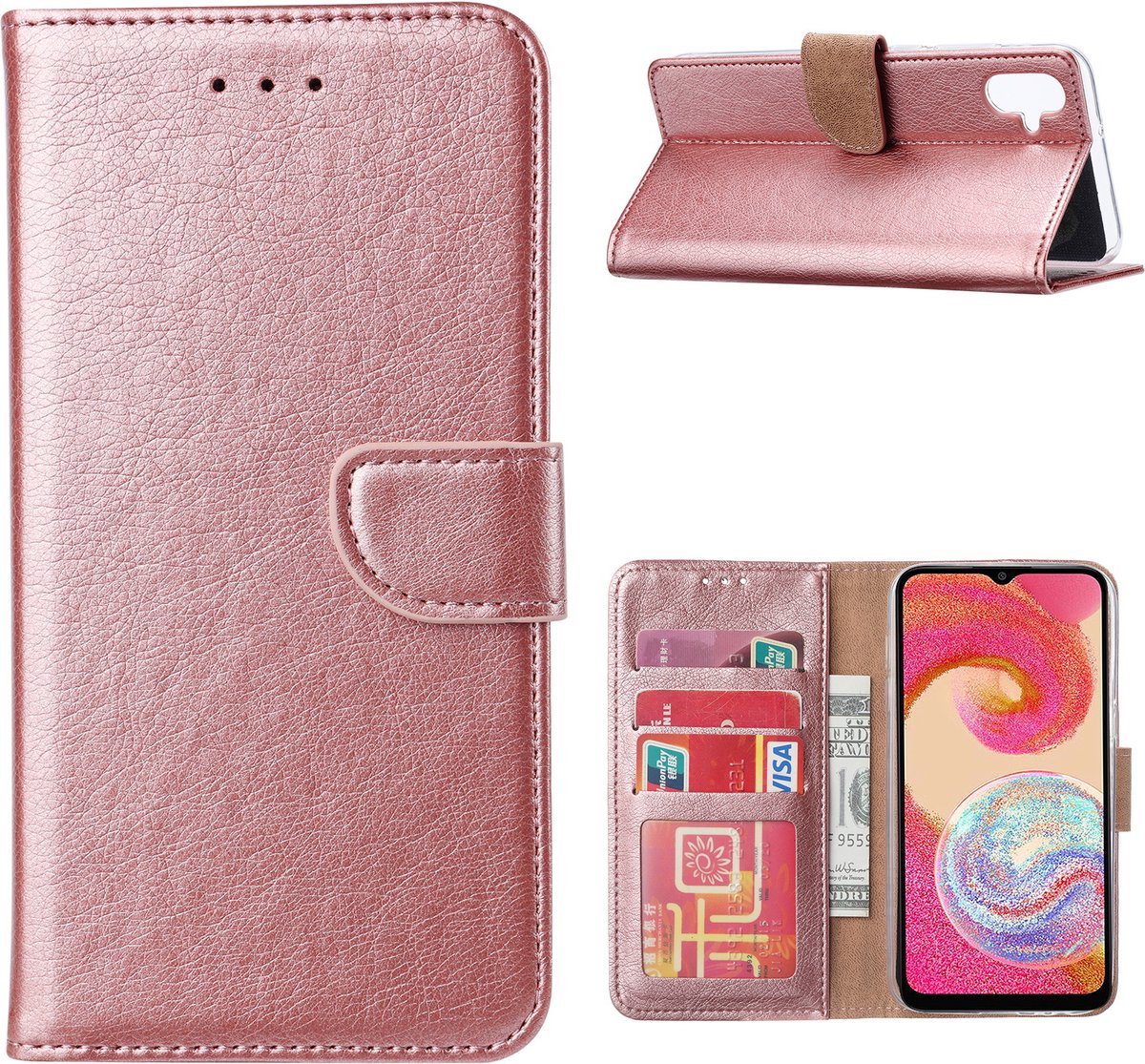 Hoesje Geschikt Voor Samsung Galaxy A04e Hoesje met Pasjeshouder – Bookcase - Rose Goud