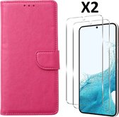 Hoesje Geschikt Voor Samsung Galaxy S23 Plus Hoesje met Pasjeshouder - bookcase – Met 2x Screenprotector / gehard glas – Roze