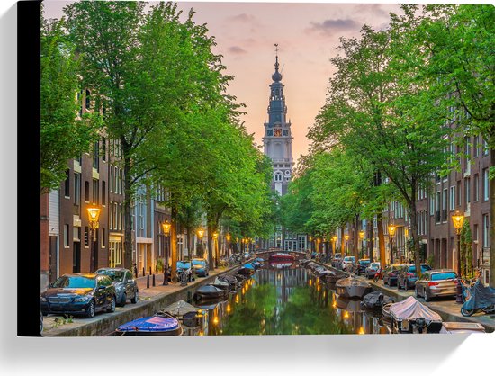 Canvas - Gracht in De Straten van Amsterdam - 40x30 cm Foto op Canvas Schilderij (Wanddecoratie op Canvas)