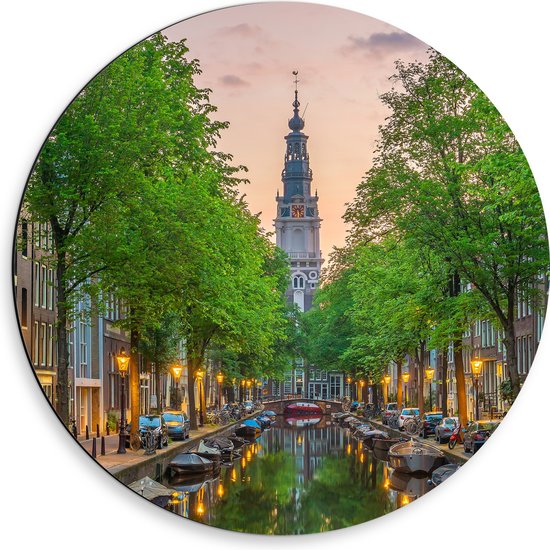 Dibond Muurcirkel - Gracht in De Straten van Amsterdam - 50x50 cm Foto op Aluminium Muurcirkel (met ophangsysteem)