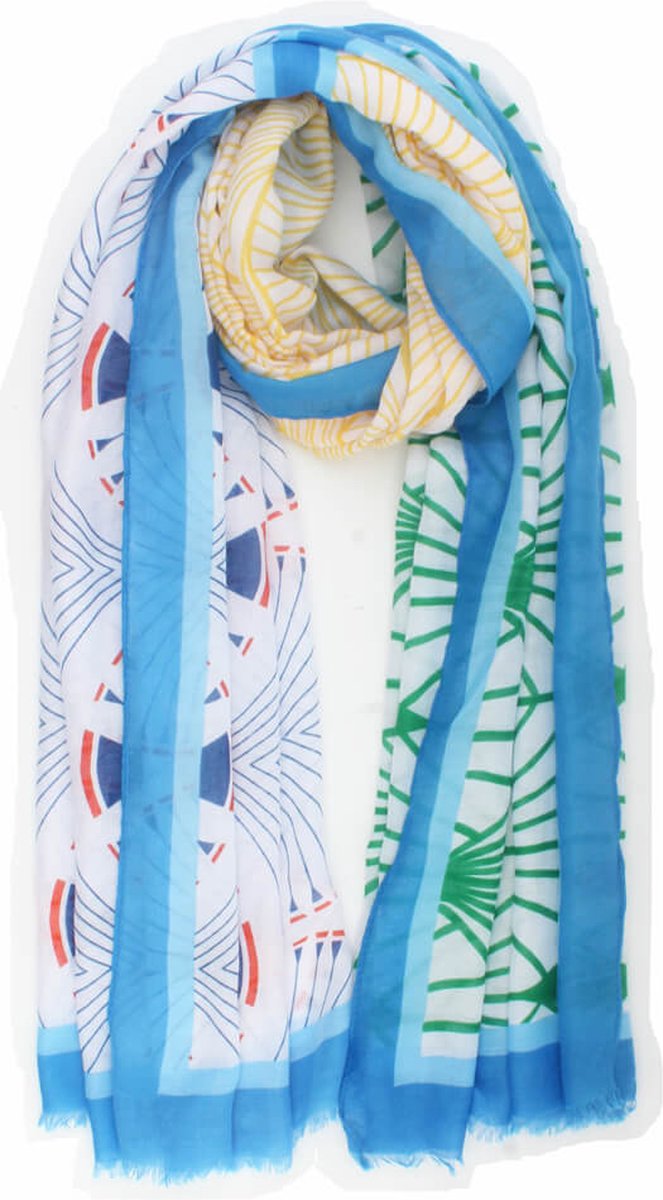 Rianne scarf- Accessories Junkie Amsterdam- Sjaal dames- Sjaaltje- Lange sjaal- Katoen-Wrap-Shawl- - Cosy chic- Cadeau- Grafische print- Blauw groen geel