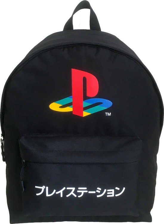 Zwarte rugzak met het Playstation logo en Japanse tekst.