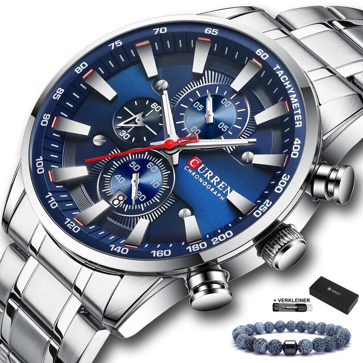 Curren - Horloge Heren - Cadeau voor Man - Horloges voor Mannen - 47 mm - Zilver Blauw
