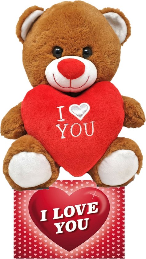 Donker bruine pluche knuffelbeer - 30 cm - incl. Valentijnskaart I Love You