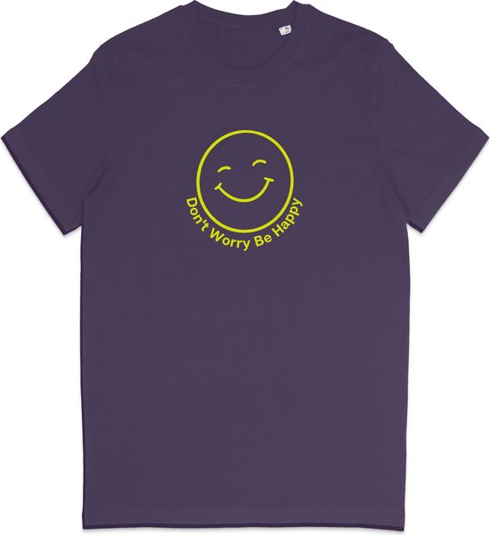 T Shirt Smiley - Positieve Tekst Don't Worry Be Happy - Paars XL