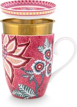 Pip Studio Flower Festival - service à thé - rose - 350ml - mug à thé + passoire à thé + embout à thé - porcelaine - coffret cadeau - fleurs - tasse à thé