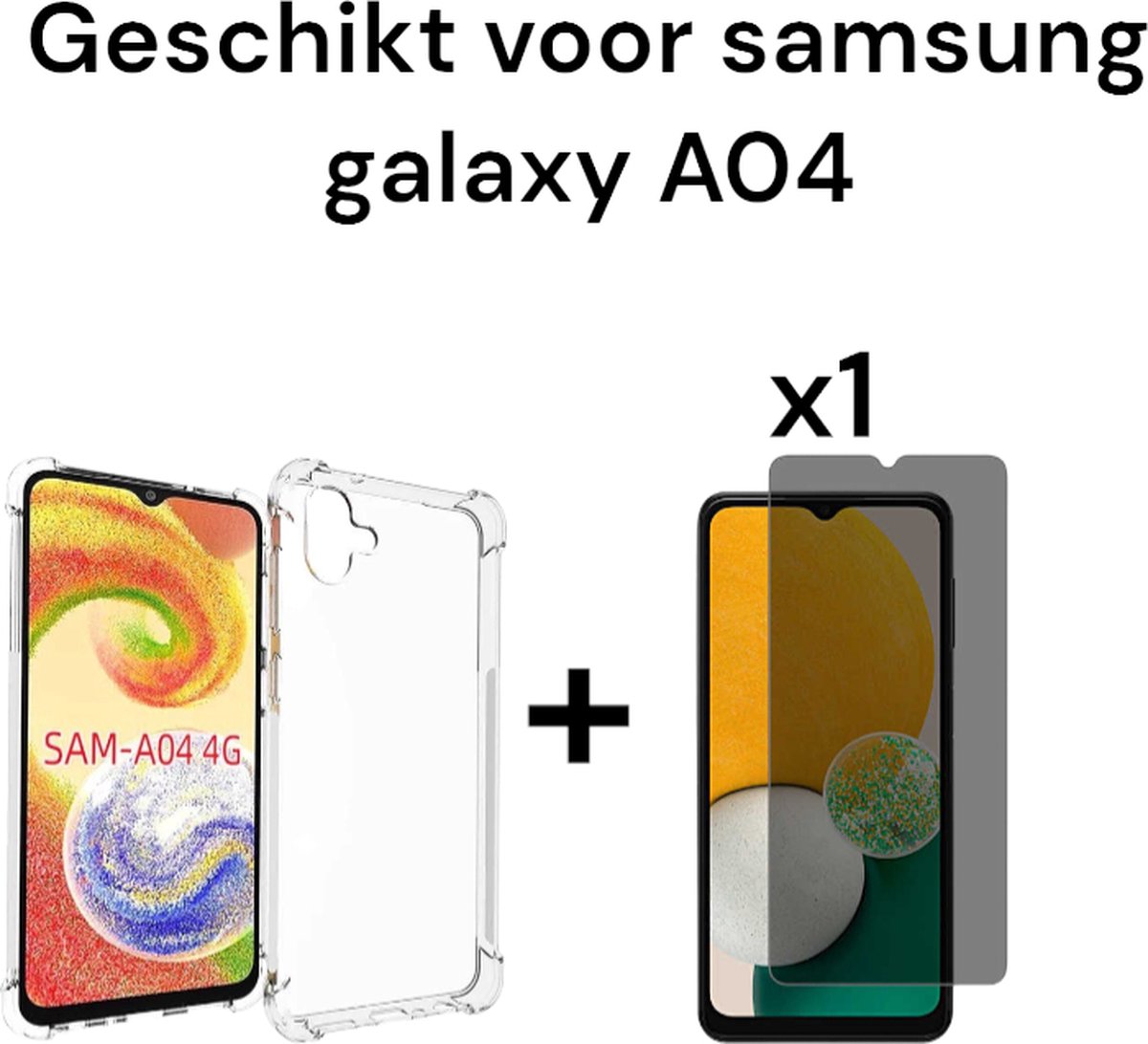 samsung galaxy a04 hoesje siliconen transparant antishock achterkant +1x privacy screen protectorsamsung galaxy a04s hoesje siliconen schock proof doorzichtig back cover +1x privacy tempered glass