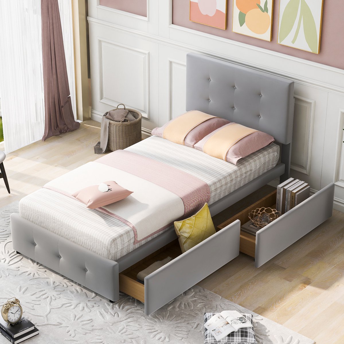 Merax Gestoffeerd Eenpersoonsbed met Lades - 90x200 cm Bed met Opbergruimte - Grijs