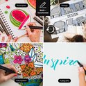 Collage van vier toepassingen voor Vivid Green markers: illustraties, design, kleurplaten, kalligrafie.