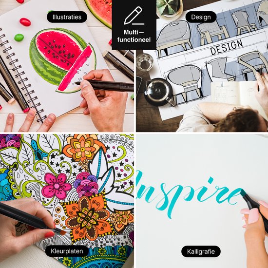 Collage van vier toepassingen voor Vivid Green markers: illustraties, design, kleurplaten, kalligrafie.