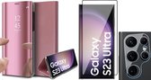 Coque Samsung Galaxy S23 Ultra - Protecteur d'écran GlassGuard & Camera Lens Screen Protector - Book Case Mirror Rose Gold