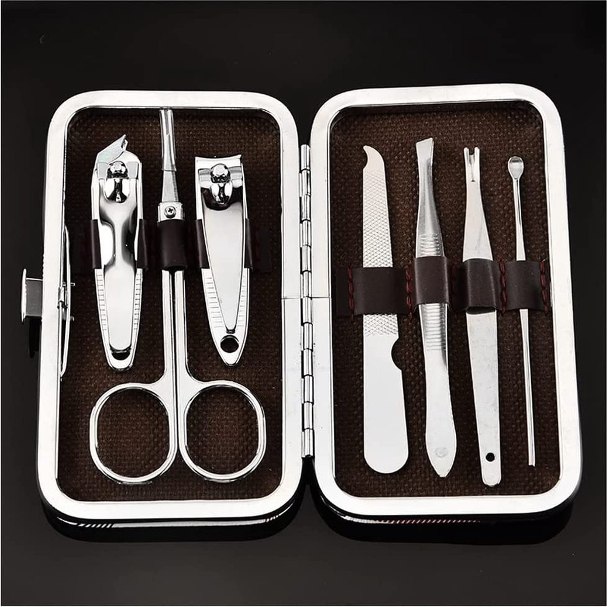 Goedkoopste 7-delige manicureset van roestvrij staal met schaar, pincet, vijl, zijsnijder, kartel, scheermachine, nagelknipper & pedicure kit in etui, nagelverzorgingsgereedschap, nagelset, nagelverzorgingsset