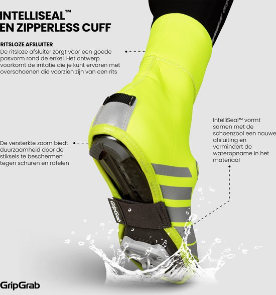Close-up van een neongele fietsoverschoen die water afstoot, met "Intelliseal" en "zipperless cuff" tekst.