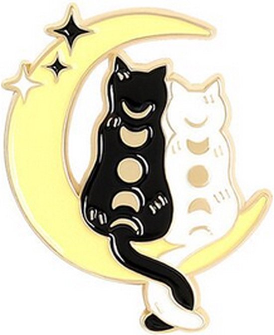 Pin ''moon & cats'' maan, kat, sterren, broche, kledingspeld