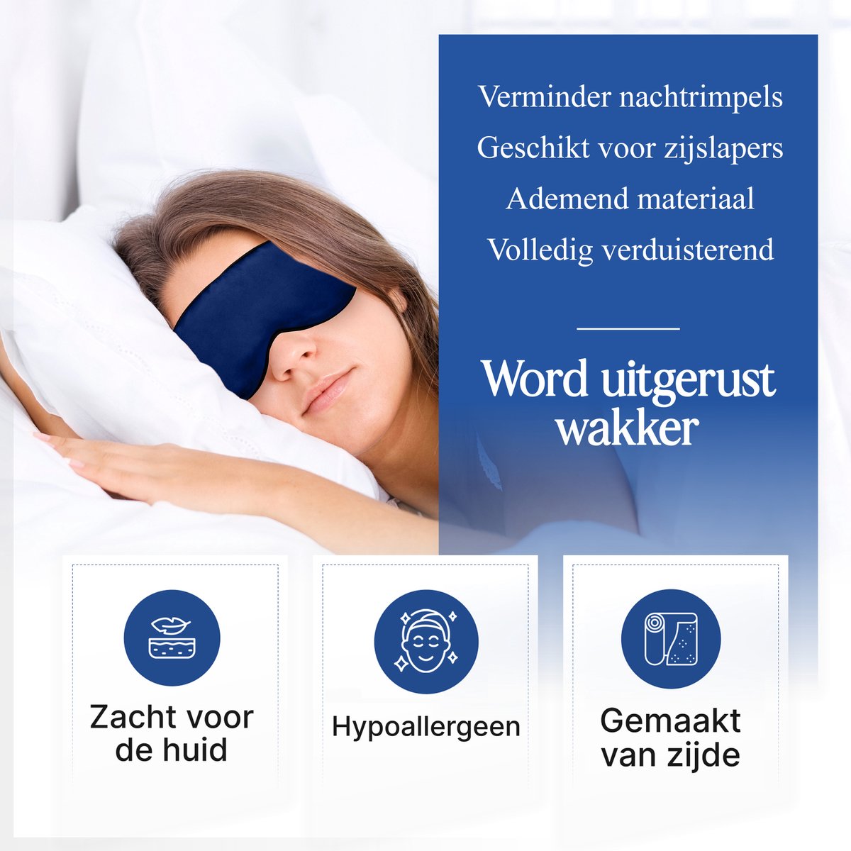 SIMIA™ Premium Zijden Slaapmasker + Opbergzakje - 100% Verduisterend Oogmasker - Verstelbaar - Blinddoek - Zijdezacht - Anti-Rimpel - Cadeau Tip - Marine Blauw — afbeelding 3