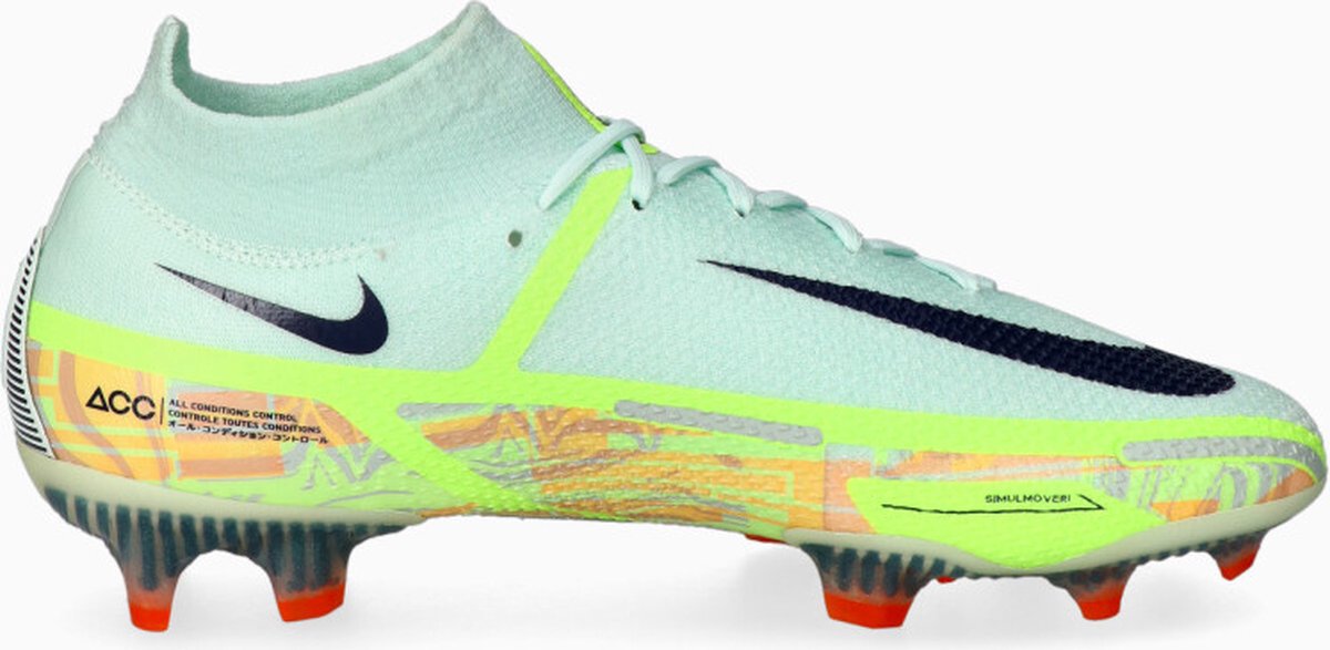 Nike Phantom GT2 Elite DF FG voetbalschoenen in maat 45.5, lichtblauw met gele en zwarte accenten, ontworpen voor optimale...