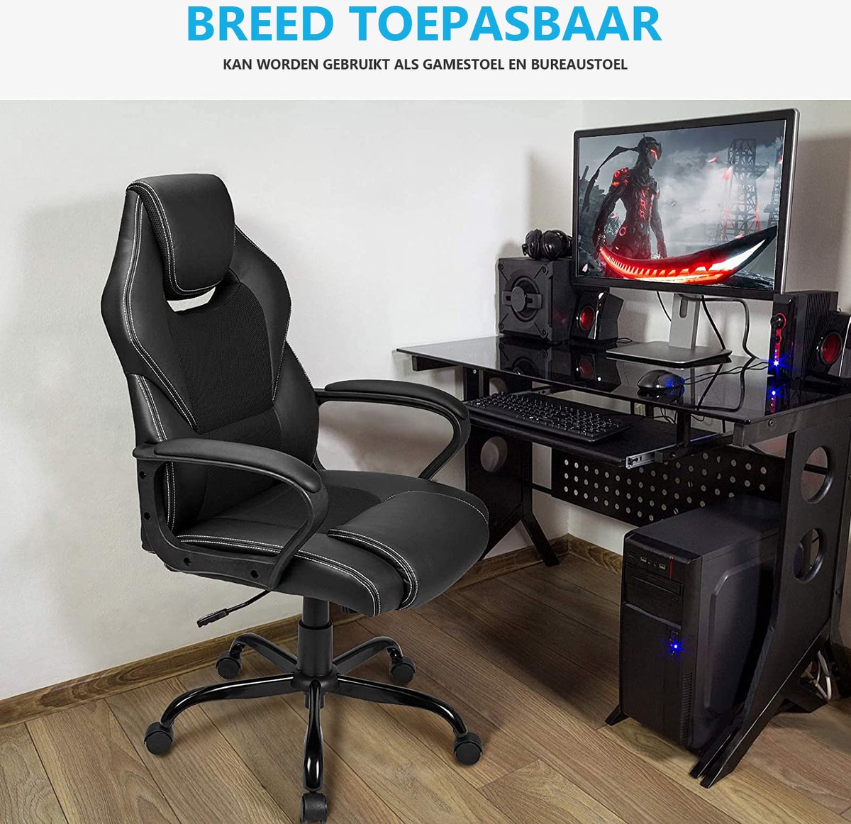 GTPLAYER Gamingstoel, gamerstoel, ergonomische bureaustoel, Comhomma-serie met voetensteun, verstelbare lendenen en hoofdkussens, gamingstoel gevoerd, 150 kg belastbaarheid wit
