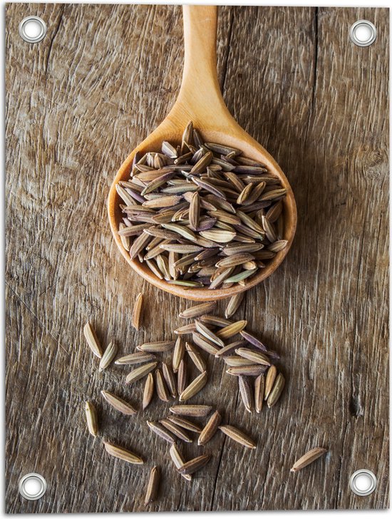 Tuinposter – Houten Lepel met Rijstzaden op Houten Tafel - 30x40 cm Foto op Tuinposter (wanddecoratie voor buiten en binnen)