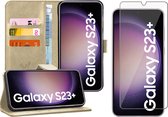 Hoesje geschikt voor Samsung Galaxy S23 Plus - Screen Protector GlassGuard - Book Case Leer Pasjeshouder Goud & Screenprotector