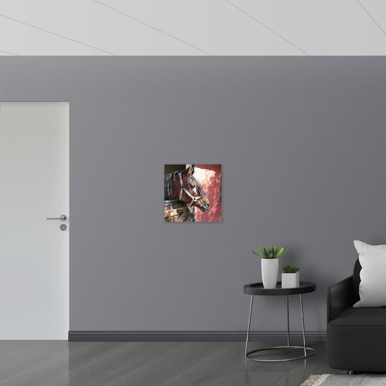 WallClassics - Dibond - Cheval à la porte de l'écurie - Photo sur aluminium 50x50 cm (Décoration murale en métal)