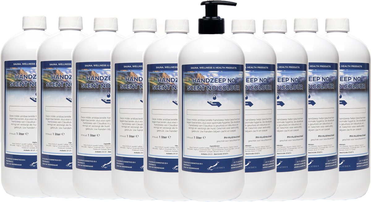 Goedkoopste Handzeep No Scent, No Colour 1 liter - met gratis pomp - set van 10 stuks - Voordeelverpakking