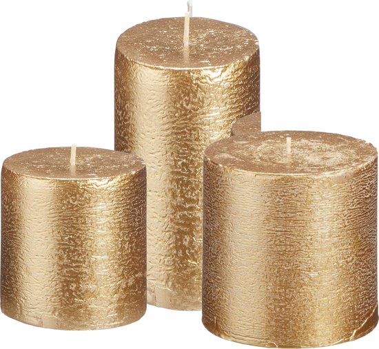 Cactula lot de 3 bougies piliers rustiques en or magnifique | 7x7 7x11 et 7x16 cm