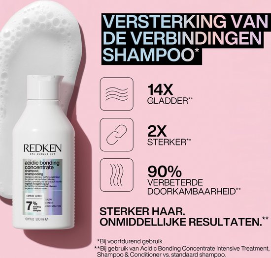 Shampoing Redken et trois graphiques montrant des cheveux 14x plus lisses, 2x plus forts et 90% plus faciles à coiffer.