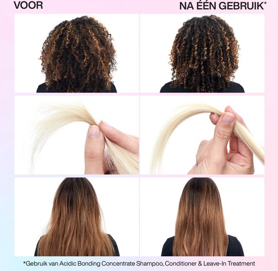 Photos avant et après de cheveux bouclés, de mèches décolorées et de cheveux bruns traités avec Redken.