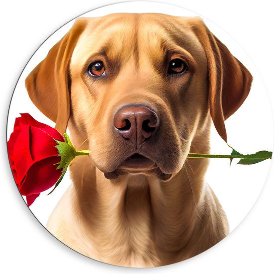 Dibond Muurcirkel - Romantische Golden Retriever Hond met Roos tegen Witte Achtegrond - 80x80 cm Foto op Aluminium Muurcirkel (met ophangsysteem)