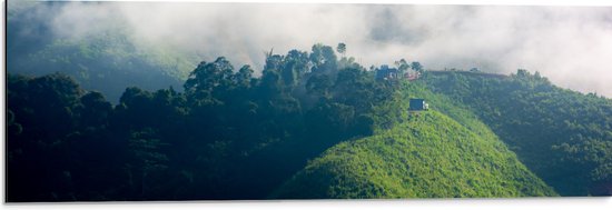 Dibond - Dichtbegroeide Bergen in Mist van Wolken - 90x30 cm Foto op Aluminium (Met Ophangsysteem)