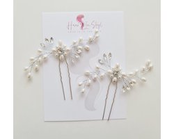 Haar in Stijl® Safa Serie - Set van 2 zilveren haarsteken met kristallen en parel kraaltjes | Haaraccessoires haarversiering voor dames bruid feest bruidsmode | Haarpin haarschuifje haarsteek