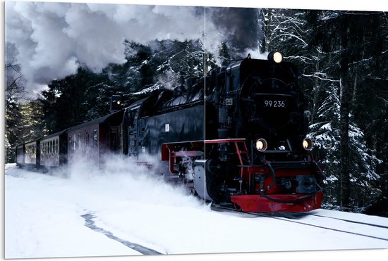 WallClassics - Acrylglas - Rijdende Stoomtrein in de Sneeuw - 120x80 cm Foto op Acrylglas (Met Ophangsysteem)