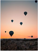 WallClassics - Poster (Mat) - Luchtballonnen boven Landschap met Zonsondergang - 30x40 cm Foto op Posterpapier met een Matte look