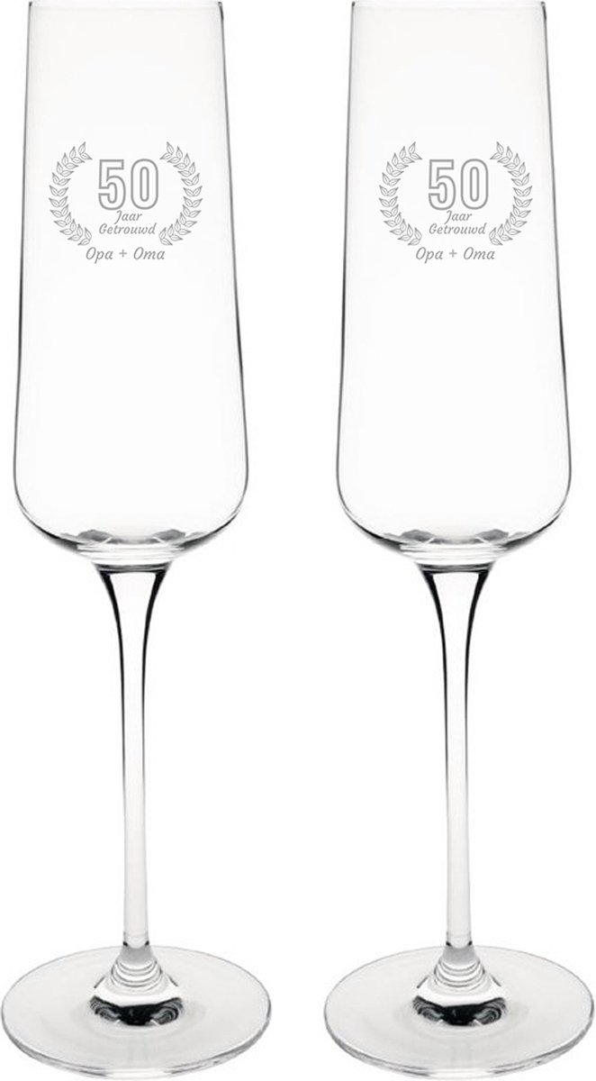 Gegraveerde set champagneglazen 27cl Opa + Oma 50 jaar getrouwd