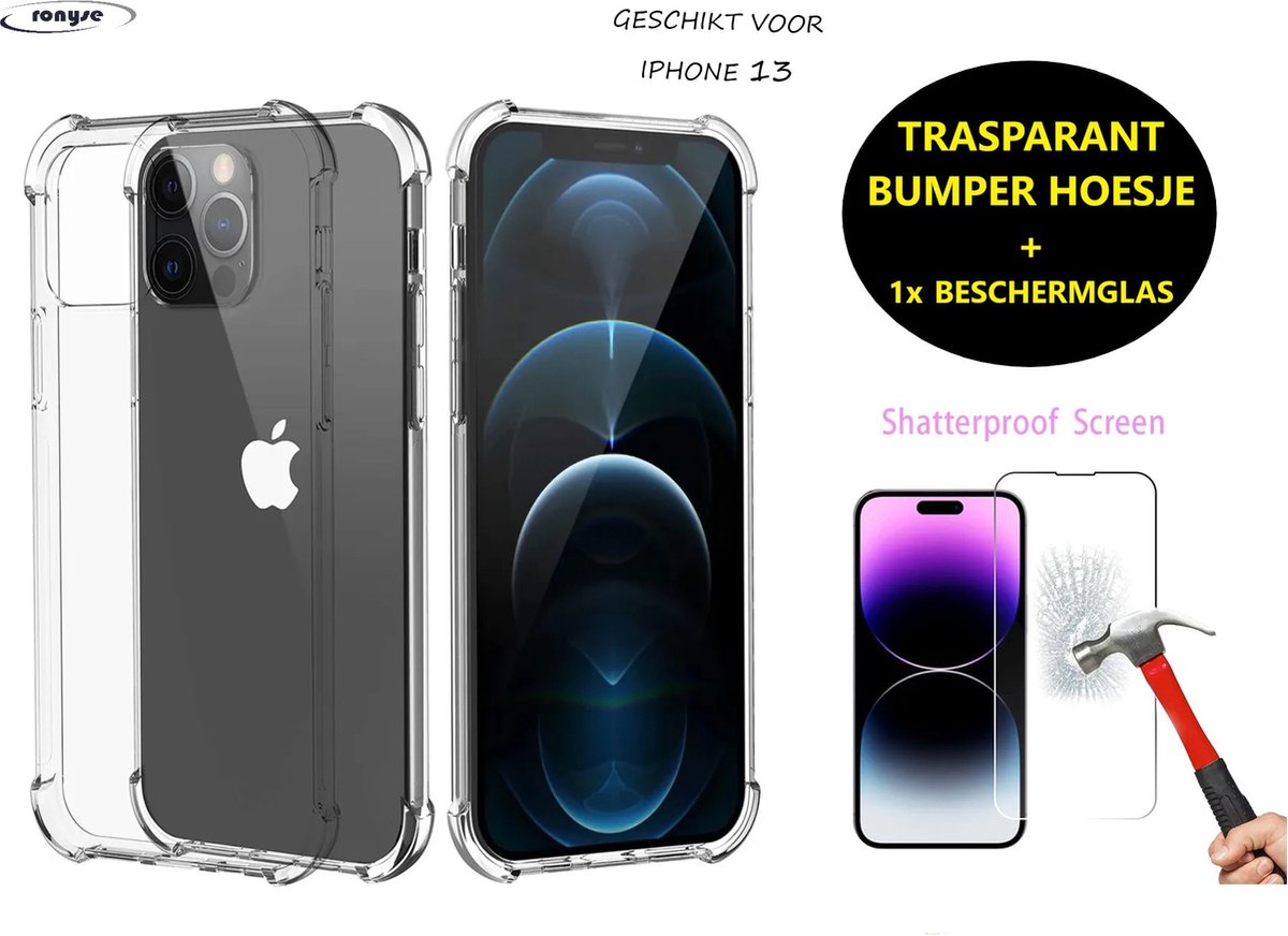 Telefoonhoesje Geschikt voor iPhone 13 Transparant Bumper + Screenprotector - Glasbescherming & Bumpercase - Phone Case bumper hoesje