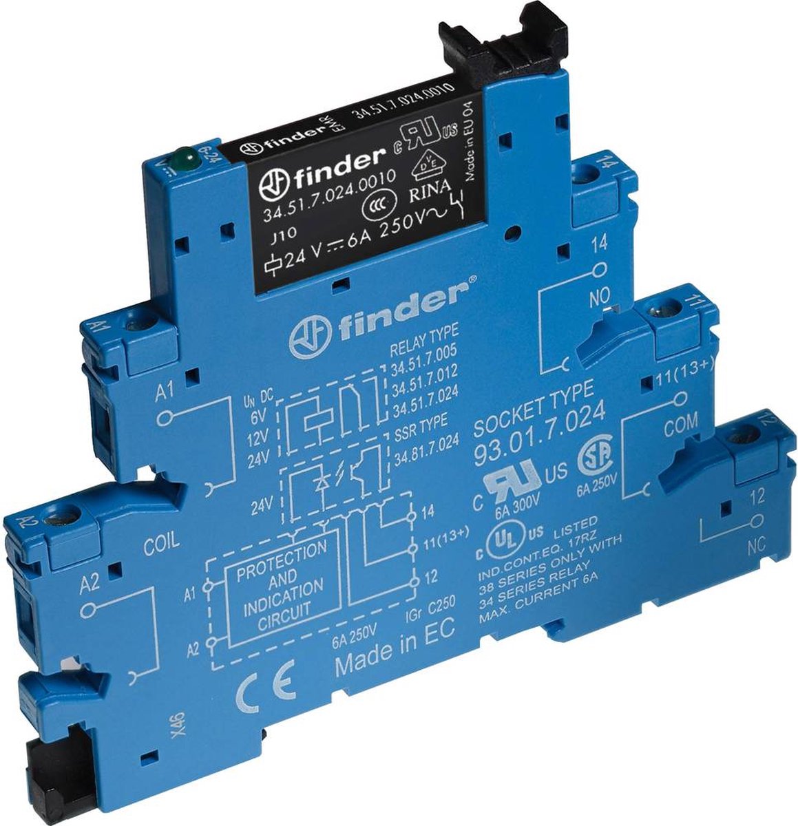 Finder 38.51.0.024.5060 Relaismodule Nominale spanning: 24 V/DC, 24 V/AC Schakelstroom (max.): 6 A 1x wisselcontact 1 s