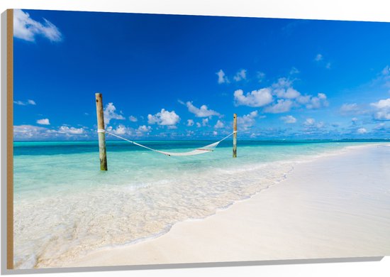 Hout - Hangmat boven Aankomende Golven op Wit Tropisch Strand - 120x80 cm - 9 mm dik - Foto op Hout (Met Ophangsysteem)