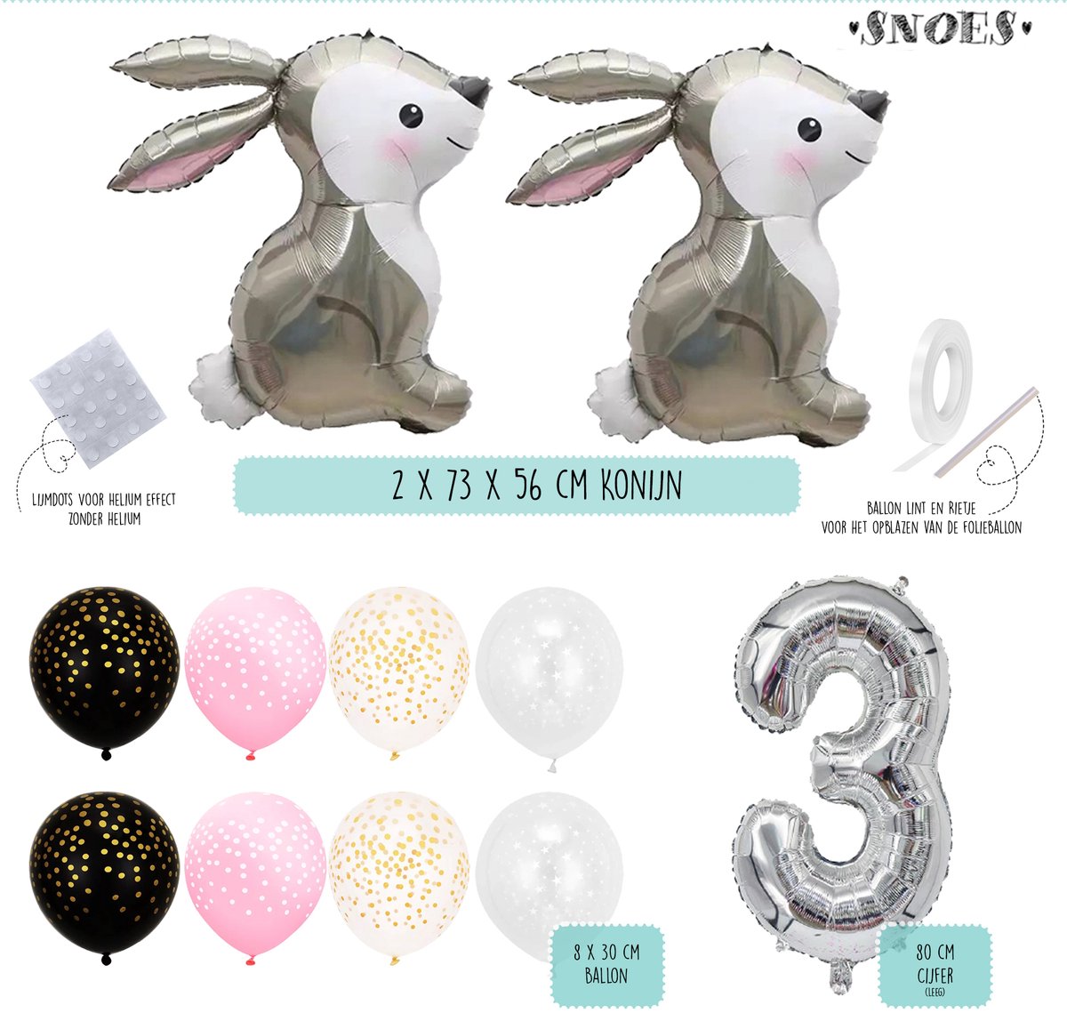 Snoes Bosdier Lapin Sweet Rabbit Set de Ballons 3 Ans - Décoration  d'Anniversaire 