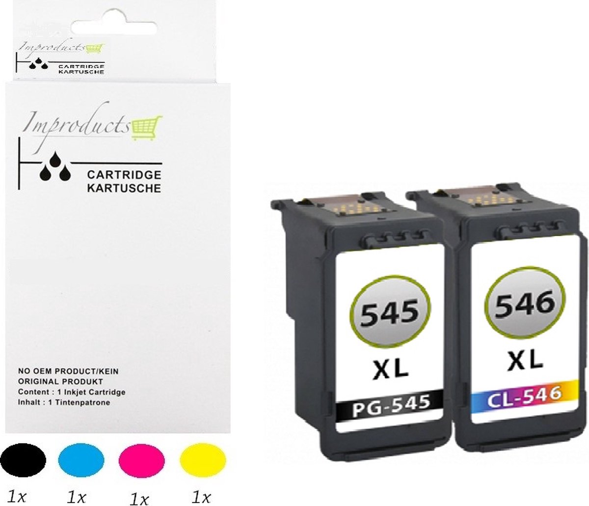Improducts® set huismerk inkt cartridge voor Canon PG-545XL + CL-546XL voor IP2850 MG2440 MG2450 MG2455 MG2540 MG2550 MG2555 MG2940 MG2950 MG3050 MG3051 MG3052 MG3053 MX494 MX495 TR4550 TS3150 TS3350 XL cartridge - Set Zwart + Kleur