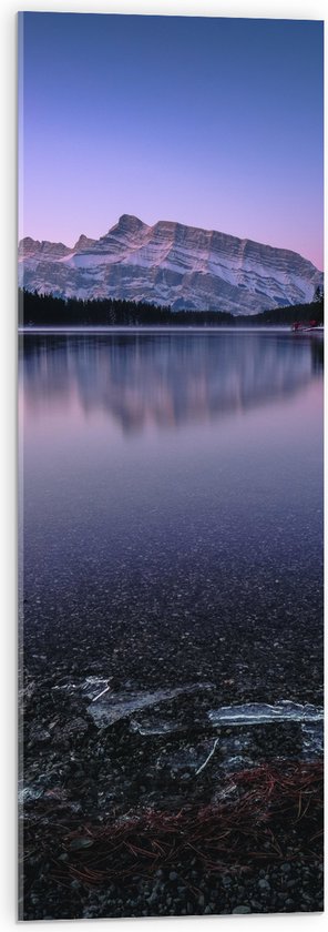 WallClassics - Acrylglas - Grote Berg aan Bevroren Meer met Bomen - 30x90 cm Foto op Acrylglas (Met Ophangsysteem)