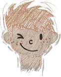Getekend gezicht van een jongen met rood haar en sproeten, knipoogend.