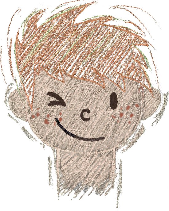 Getekend gezicht van een jongen met rood haar en sproeten, knipoogend.