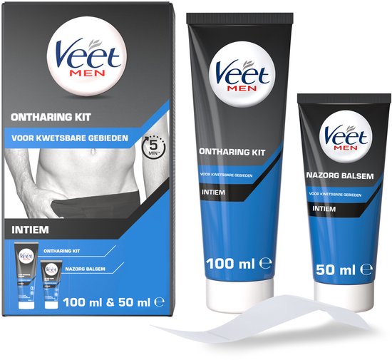 Veet Men ontharingskit voor intieme delen, met een doos, een tube 100ml crème en een tube 50ml balsem.