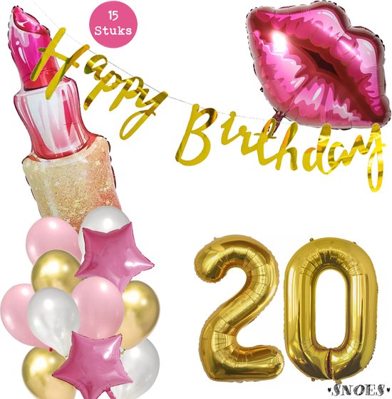 Snoes Beauty Helium Ballonnen Set 20 Jaar - Roze Folieballonnen - Slinger Happy Birthday Goud