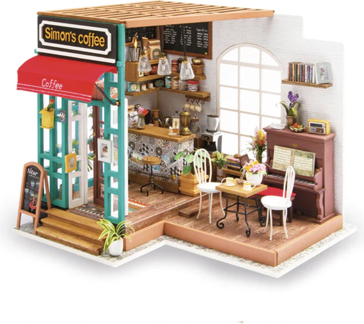 Robotime - Miniatuur bouwpakket - Simon's Coffee Corner - Hout/Papier/Kunststof - Met lampje - Houten modelbouw - Modelbouw - DIY - Hout 3D puzzel - Tieners - Volwassenen - Diorama