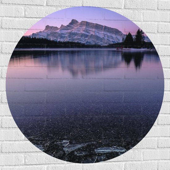 WallClassics - Muursticker Cirkel - Grote Berg aan Bevroren Meer met Bomen - 100x100 cm Foto op Muursticker