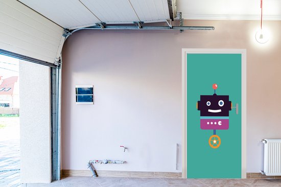 Deursticker kinderen - Sticker voor kids - Kinderkamer decoratie - Robot - Wiel - Paars - Groen - Jongens - Kids - 80x205 cm
